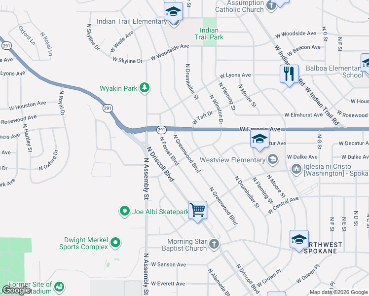 map of restaurants, bars, coffee shops, grocery stores, and more near 6212 North Greenwood Boulevard in Spokane