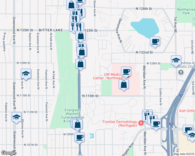 map of restaurants, bars, coffee shops, grocery stores, and more near 11811 Stendall Drive North in Seattle