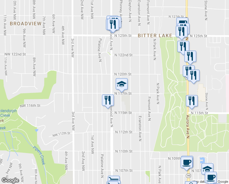 map of restaurants, bars, coffee shops, grocery stores, and more near 11726 Greenwood Avenue North in Seattle
