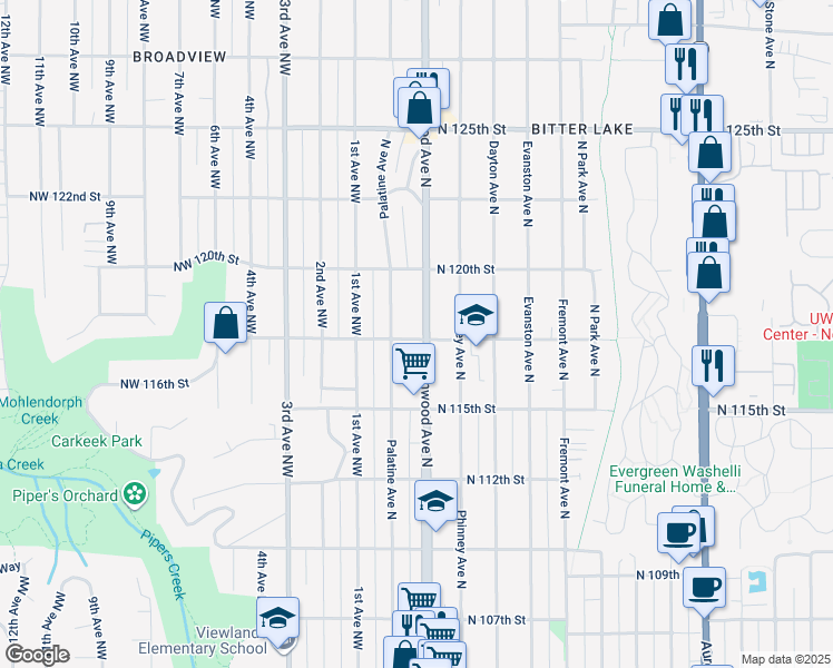 map of restaurants, bars, coffee shops, grocery stores, and more near 11726 Palatine Avenue North in Seattle