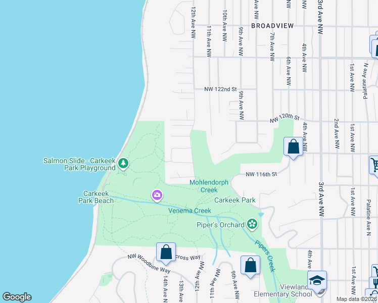 map of restaurants, bars, coffee shops, grocery stores, and more near 1203 Northwest 119th Street in Seattle