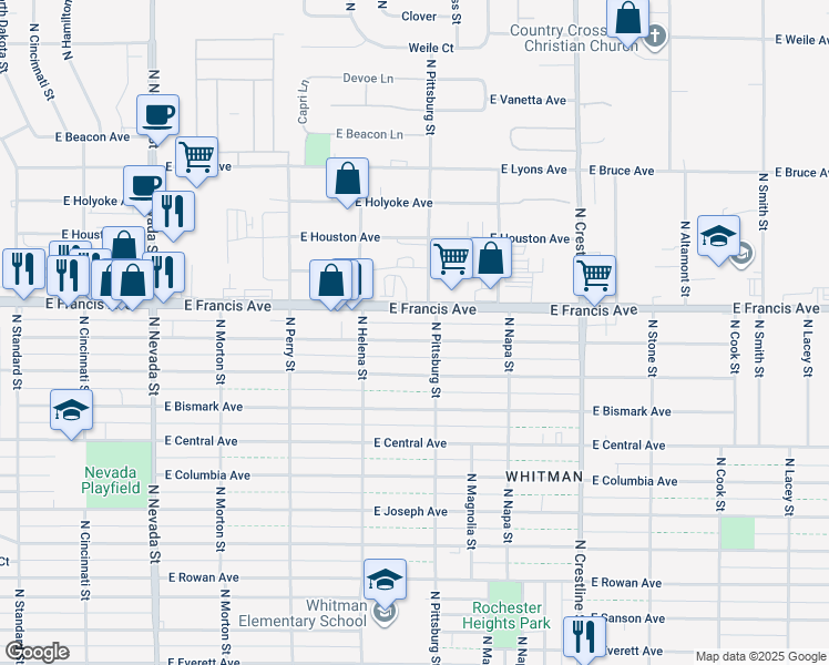 map of restaurants, bars, coffee shops, grocery stores, and more near 1647 East Decatur Avenue in Spokane
