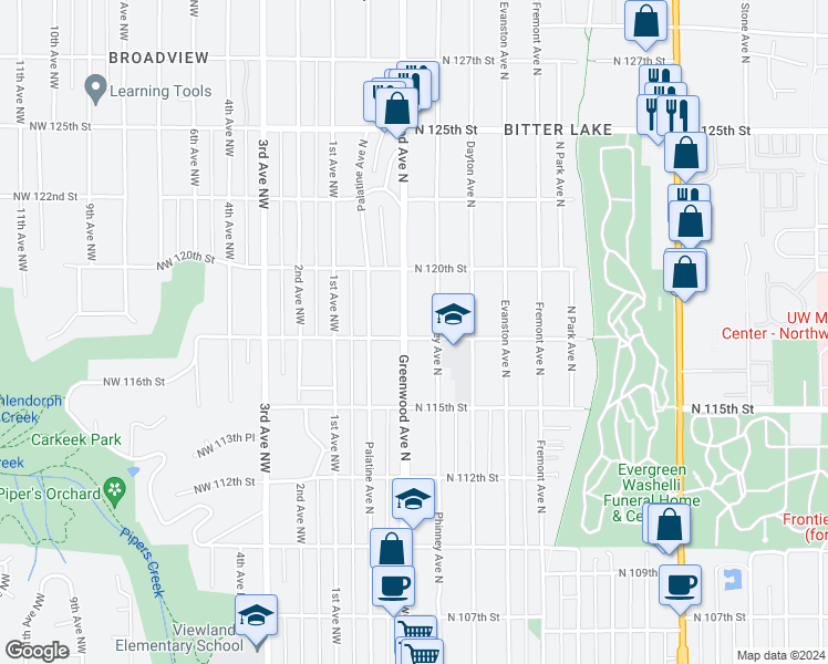 map of restaurants, bars, coffee shops, grocery stores, and more near 11702 Greenwood Avenue North in Seattle
