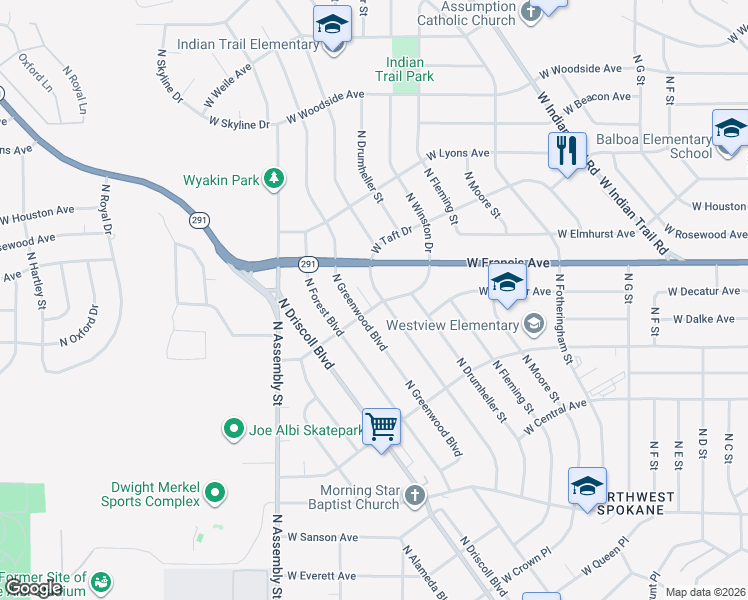 map of restaurants, bars, coffee shops, grocery stores, and more near 4019 West Francis Avenue in Spokane