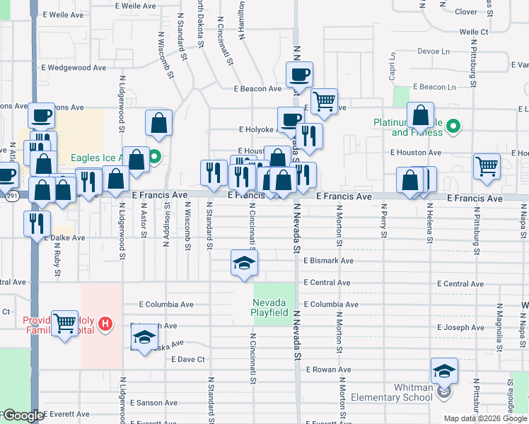 map of restaurants, bars, coffee shops, grocery stores, and more near 808 East Francis Avenue in Spokane