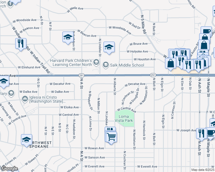 map of restaurants, bars, coffee shops, grocery stores, and more near 2620 West Midwick Avenue in Spokane