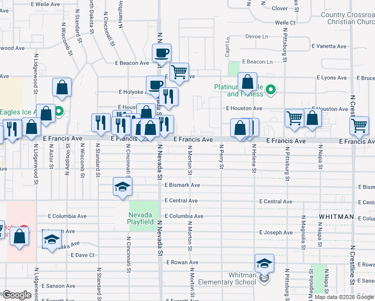 map of restaurants, bars, coffee shops, grocery stores, and more near 1124 East Francis Avenue in Spokane