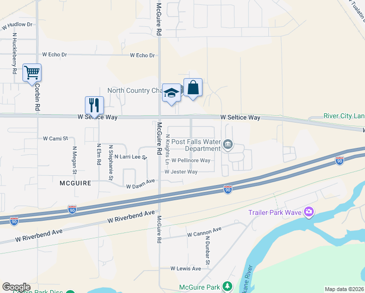 map of restaurants, bars, coffee shops, grocery stores, and more near 2205 West Lady Anne Way in Post Falls