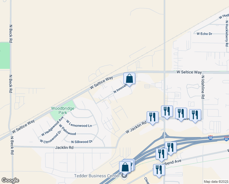 map of restaurants, bars, coffee shops, grocery stores, and more near Innovation Way in Post Falls