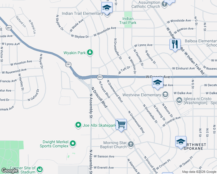 map of restaurants, bars, coffee shops, grocery stores, and more near 6025 North Greenwood Boulevard in Spokane