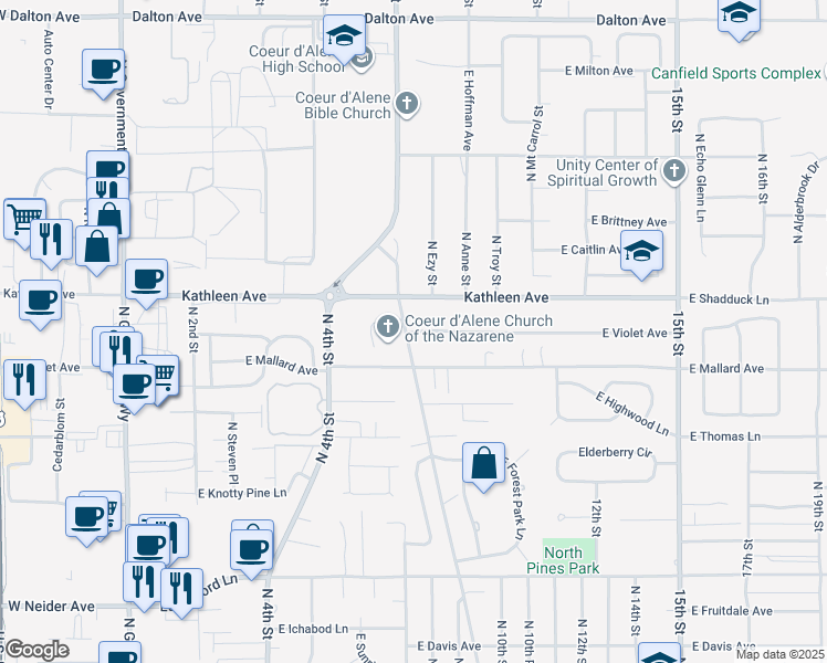 map of restaurants, bars, coffee shops, grocery stores, and more near 4815 North Ezy Street in Coeur d'Alene