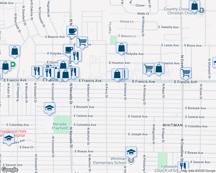 map of restaurants, bars, coffee shops, grocery stores, and more near in Spokane
