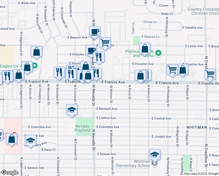 map of restaurants, bars, coffee shops, grocery stores, and more near 1124 East Francis Avenue in Spokane
