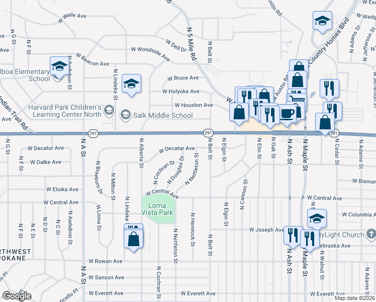 map of restaurants, bars, coffee shops, grocery stores, and more near 2406 West Decatur Avenue in Spokane