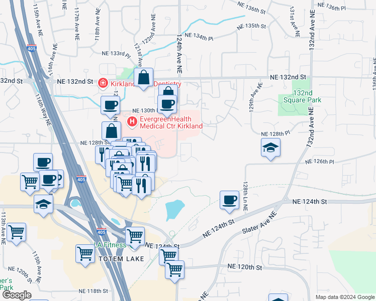 map of restaurants, bars, coffee shops, grocery stores, and more near 12808 124th Lane Northeast in Kirkland