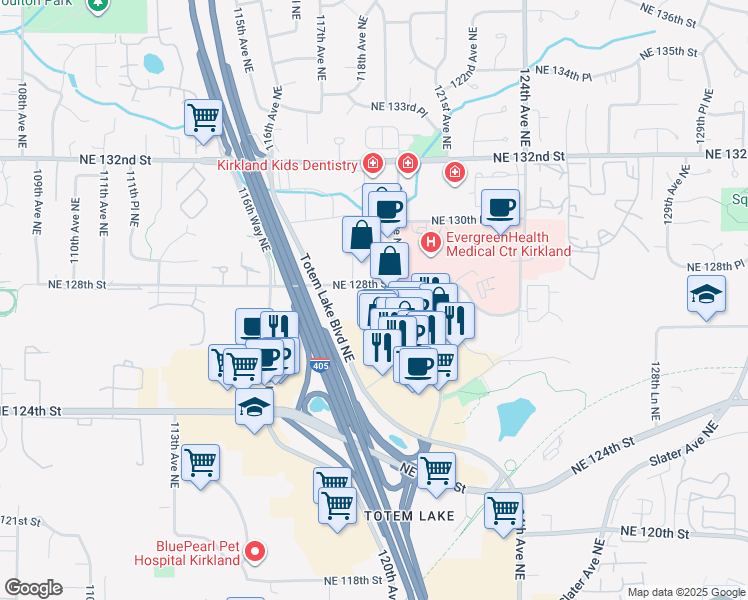 map of restaurants, bars, coffee shops, grocery stores, and more near 11830 Northeast 128th Street in Kirkland