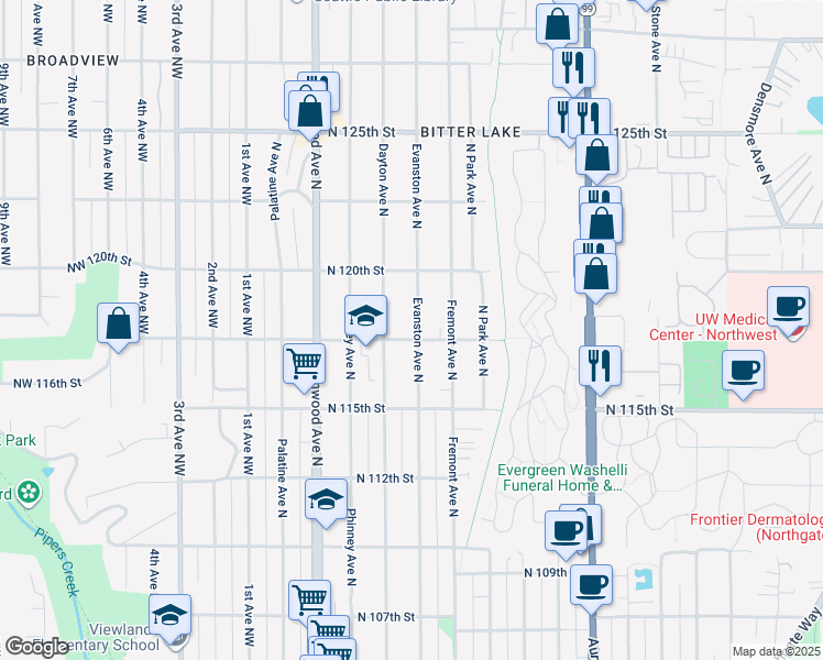 map of restaurants, bars, coffee shops, grocery stores, and more near 11725 Evanston Avenue North in Seattle