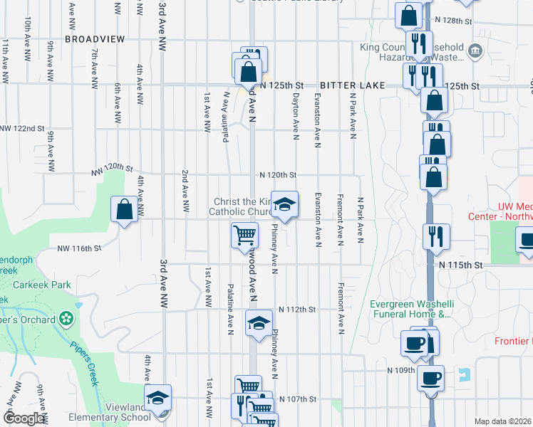 map of restaurants, bars, coffee shops, grocery stores, and more near 11726 Greenwood Avenue North in Seattle
