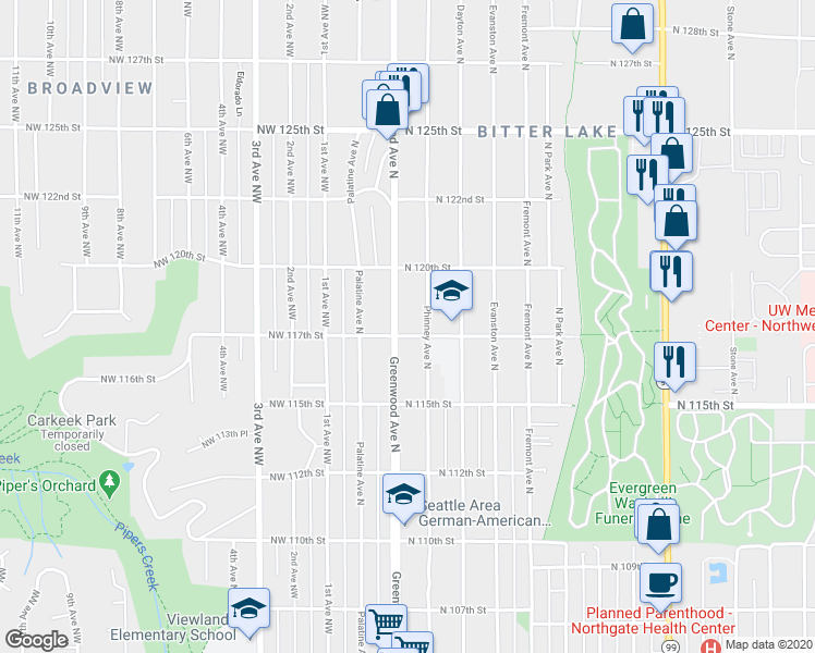 map of restaurants, bars, coffee shops, grocery stores, and more near 11726 Greenwood Avenue North in Seattle