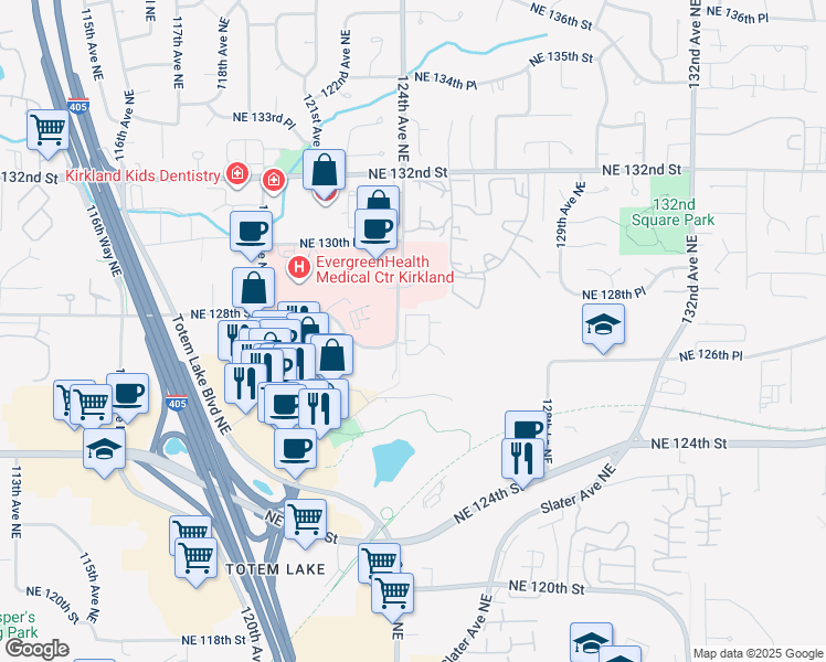 map of restaurants, bars, coffee shops, grocery stores, and more near 12808 124th Lane Northeast in Kirkland