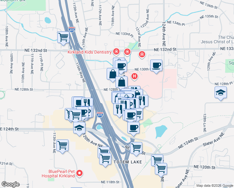 map of restaurants, bars, coffee shops, grocery stores, and more near 11903 Northeast 128th Street in Kirkland