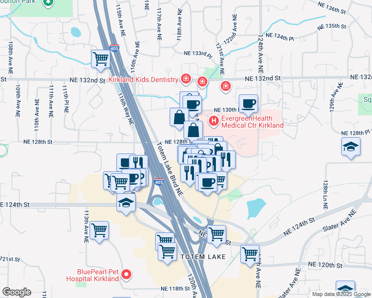 map of restaurants, bars, coffee shops, grocery stores, and more near 11903 Northeast 128th Street in Kirkland