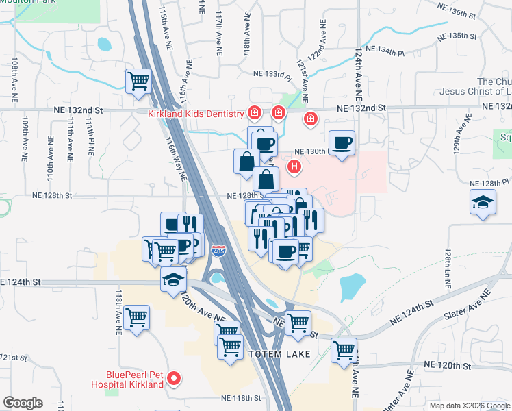 map of restaurants, bars, coffee shops, grocery stores, and more near 11903 Northeast 128th Street in Kirkland