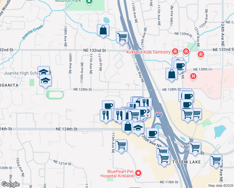 map of restaurants, bars, coffee shops, grocery stores, and more near 11308 Northeast 128th Street in Kirkland