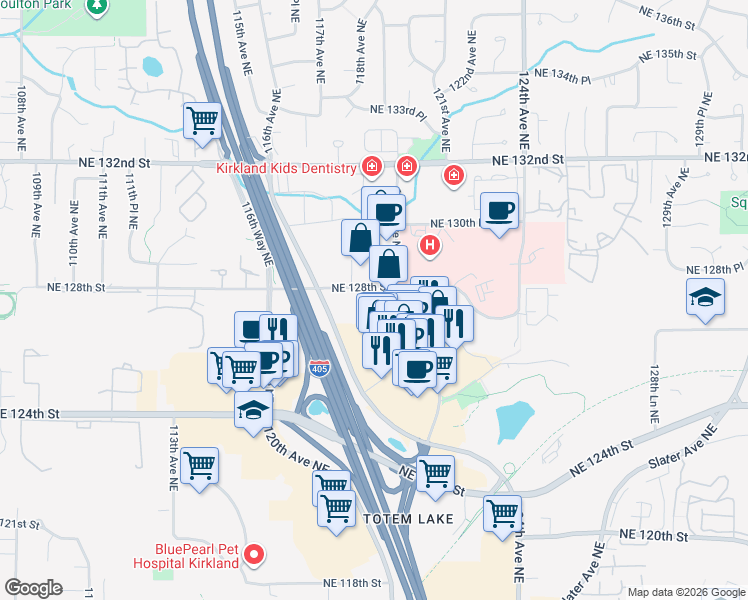 map of restaurants, bars, coffee shops, grocery stores, and more near 11830 Northeast 128th Street in Kirkland