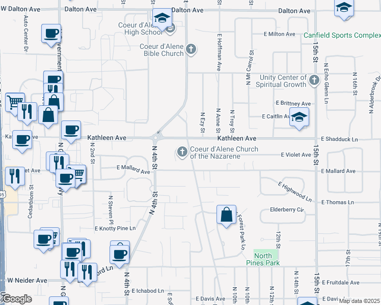map of restaurants, bars, coffee shops, grocery stores, and more near 4815 North Ezy Street in Coeur d'Alene