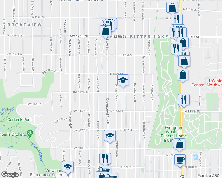 map of restaurants, bars, coffee shops, grocery stores, and more near 11726 Greenwood Avenue North in Seattle