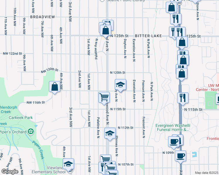 map of restaurants, bars, coffee shops, grocery stores, and more near 11726 Greenwood Avenue North in Seattle