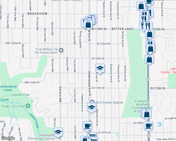 map of restaurants, bars, coffee shops, grocery stores, and more near 11705 Greenwood Avenue North in Seattle