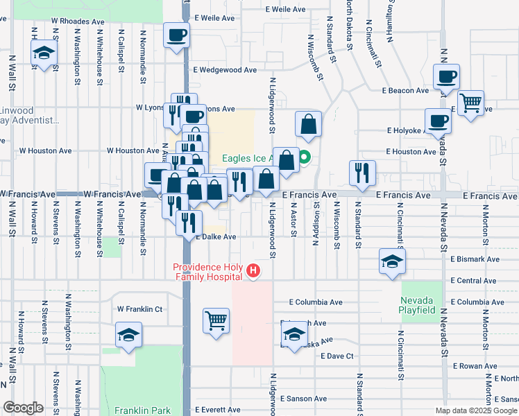 map of restaurants, bars, coffee shops, grocery stores, and more near 220 East Francis Avenue in Spokane