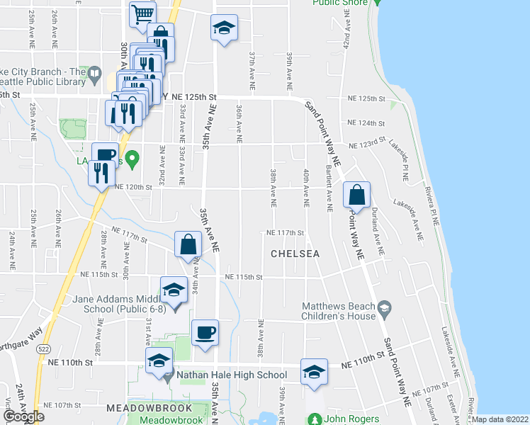map of restaurants, bars, coffee shops, grocery stores, and more near 11735 38th Avenue Northeast in Seattle