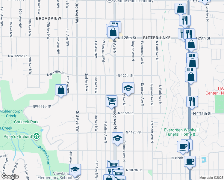 map of restaurants, bars, coffee shops, grocery stores, and more near 11707 Greenwood Avenue North in Seattle