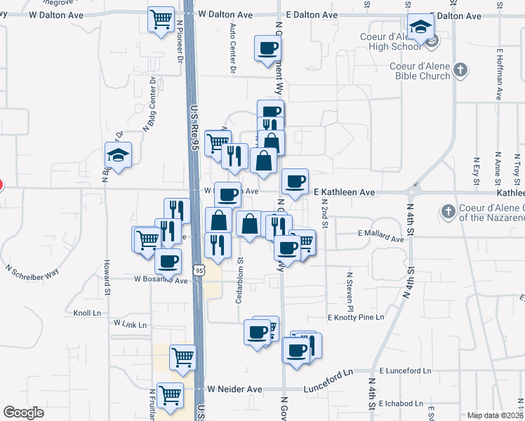 map of restaurants, bars, coffee shops, grocery stores, and more near 17 in Coeur d'Alene