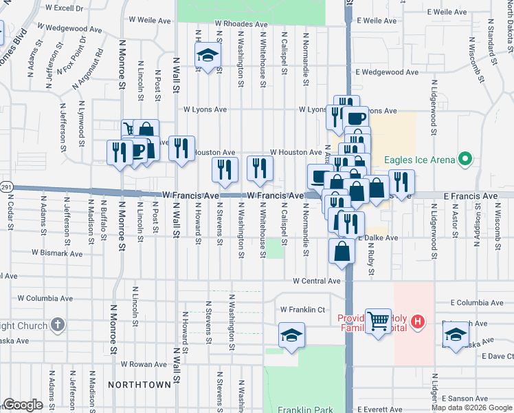 map of restaurants, bars, coffee shops, grocery stores, and more near 401 West Francis Avenue in Spokane