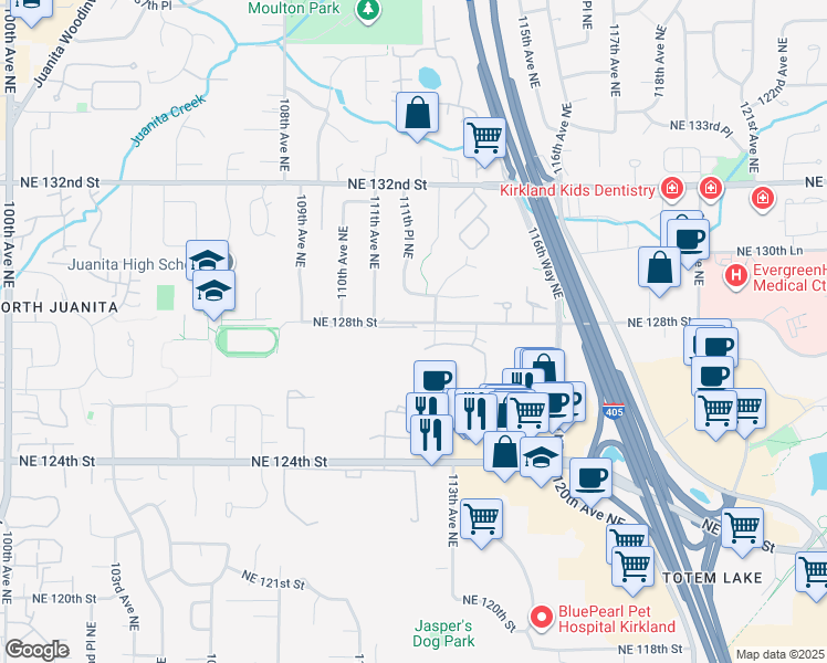 map of restaurants, bars, coffee shops, grocery stores, and more near 12805 112th Place Northeast in Kirkland