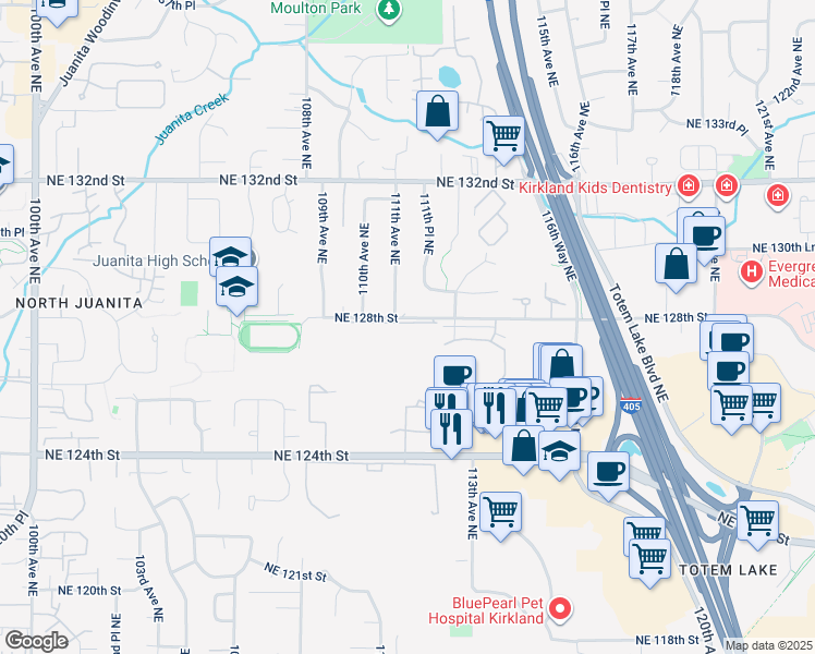 map of restaurants, bars, coffee shops, grocery stores, and more near 11112 Northeast 128th Street in Kirkland