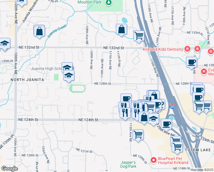map of restaurants, bars, coffee shops, grocery stores, and more near 12804 110th Avenue Northeast in Kirkland