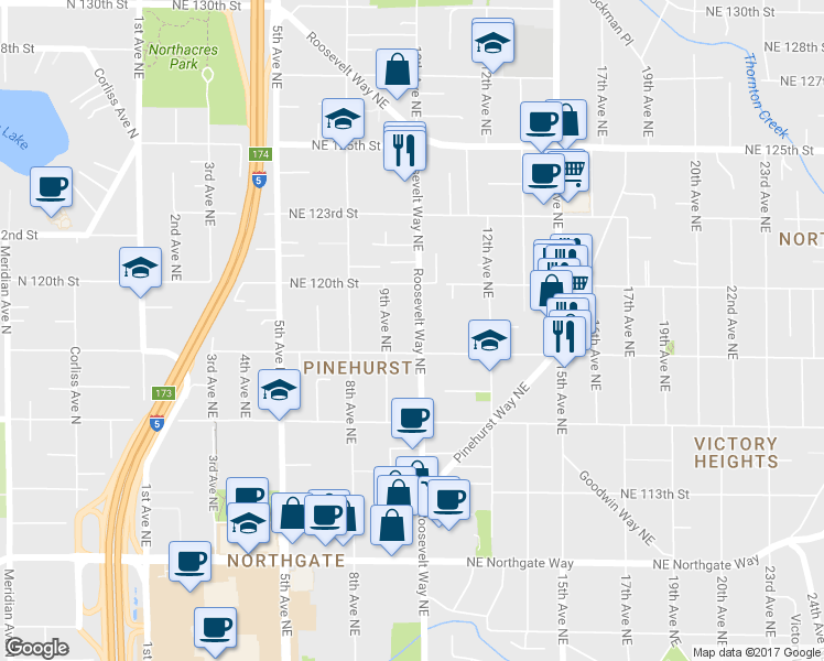 map of restaurants, bars, coffee shops, grocery stores, and more near 11734 9th Avenue Northeast in Seattle