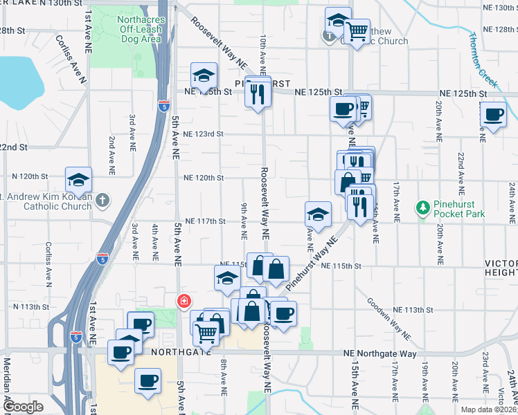 map of restaurants, bars, coffee shops, grocery stores, and more near 11734 9th Avenue Northeast in Seattle
