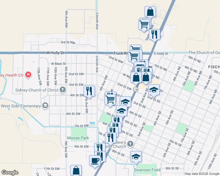 map of restaurants, bars, coffee shops, grocery stores, and more near 209 3rd Avenue Southwest in Sidney