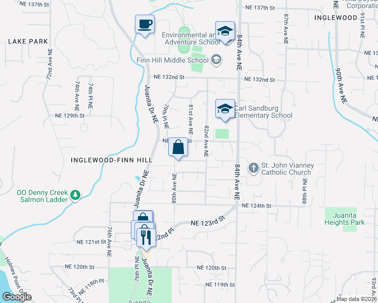map of restaurants, bars, coffee shops, grocery stores, and more near 8021 Northeast 127th Lane in Kirkland