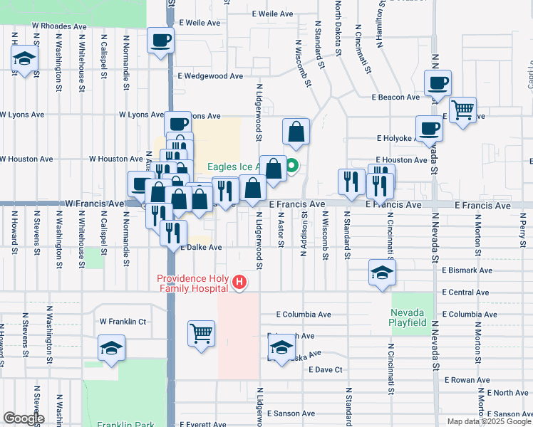map of restaurants, bars, coffee shops, grocery stores, and more near 322 East Francis Avenue in Spokane