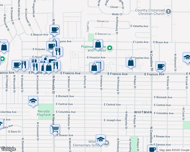 map of restaurants, bars, coffee shops, grocery stores, and more near 1504 East Francis Avenue in Spokane