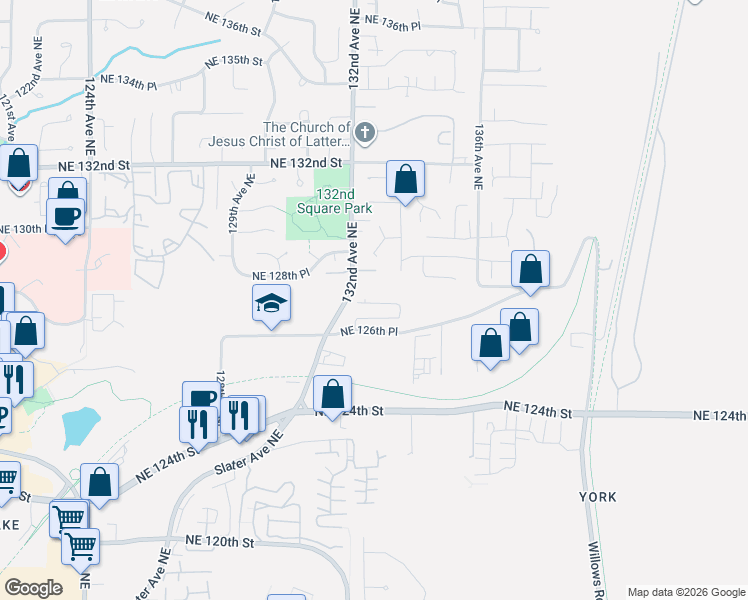 map of restaurants, bars, coffee shops, grocery stores, and more near 13210 Northeast 127th Way in Kirkland