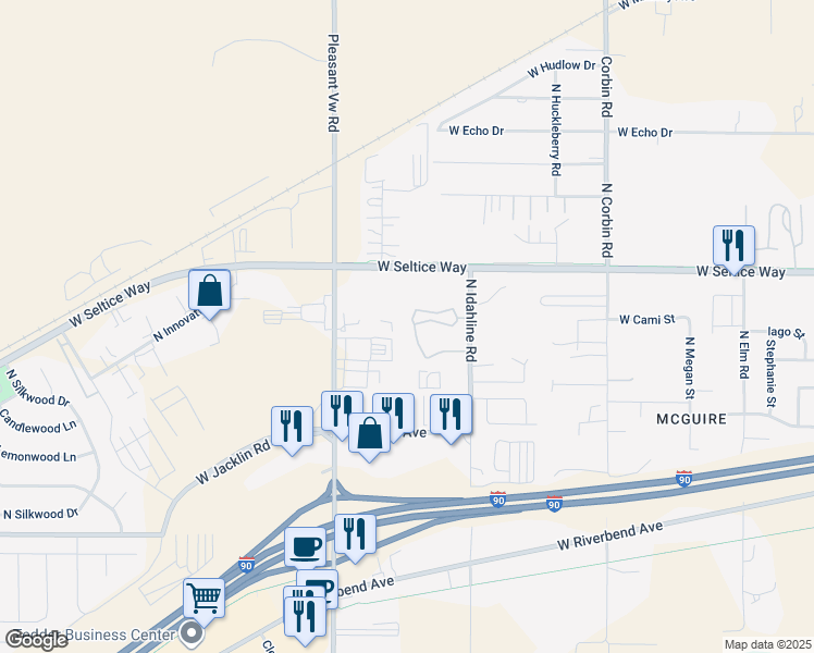map of restaurants, bars, coffee shops, grocery stores, and more near 3819 Chukar Loop in Post Falls