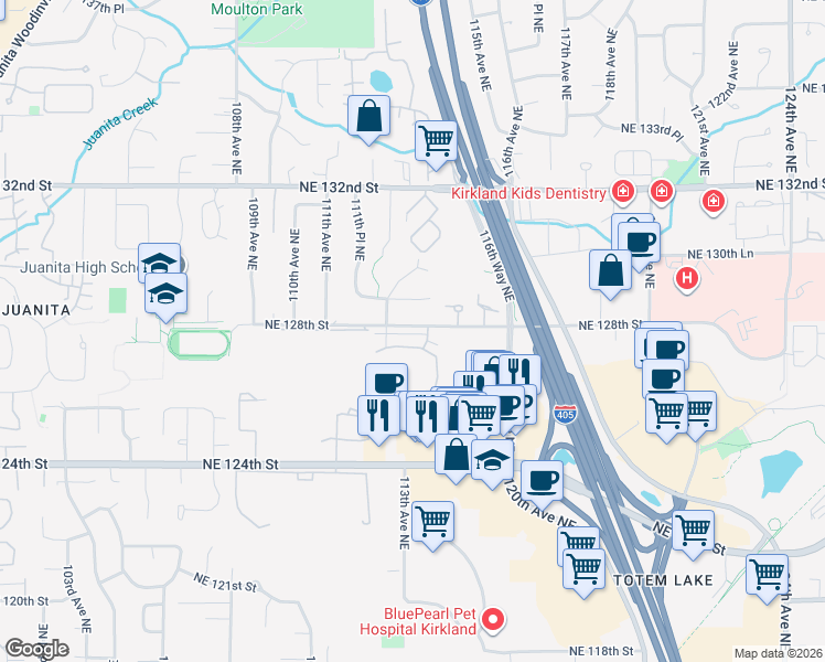 map of restaurants, bars, coffee shops, grocery stores, and more near 11309 Northeast 128th Street in Kirkland